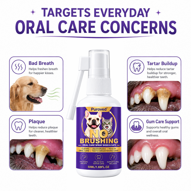 Pet oral care spray freshens breath and protects the mouth