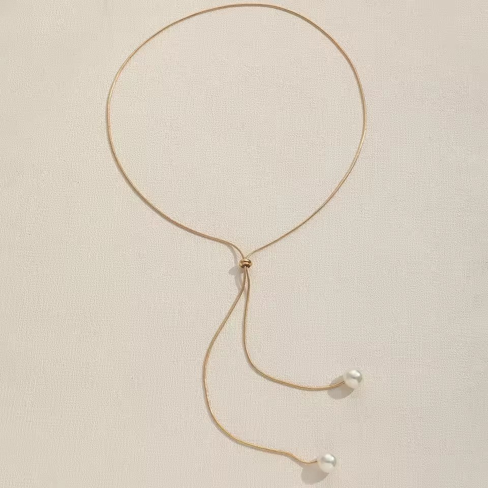 Simple Faux Pearl Pendant Adjustable Long Sweater Chain Necklace